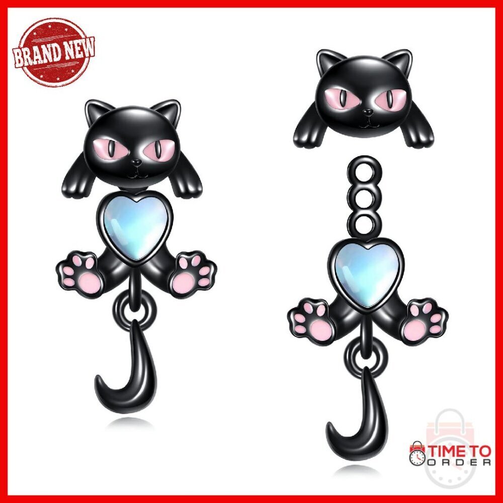 Sterling Silver Cat Stud Earrings with Moonstone Detail